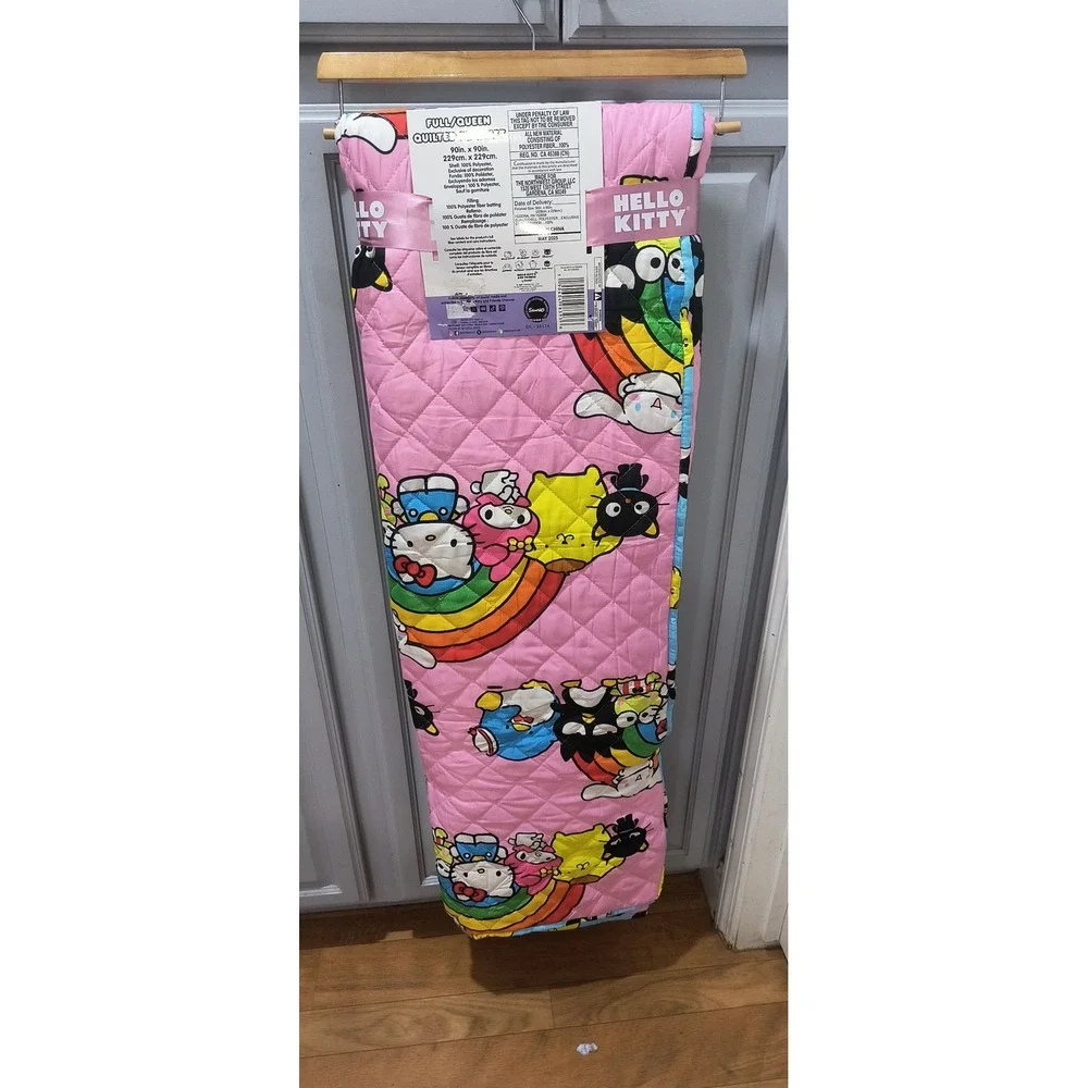 Sanrio Hello Kitty and Friend Full Queen Quilted Blanket Pink Rainbow Reversible